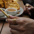 Chris April Fashion Jewelry 316L Stainless Steel Pvd Gold Plated Special Flash Sand Triangle Craft Lassa Ring