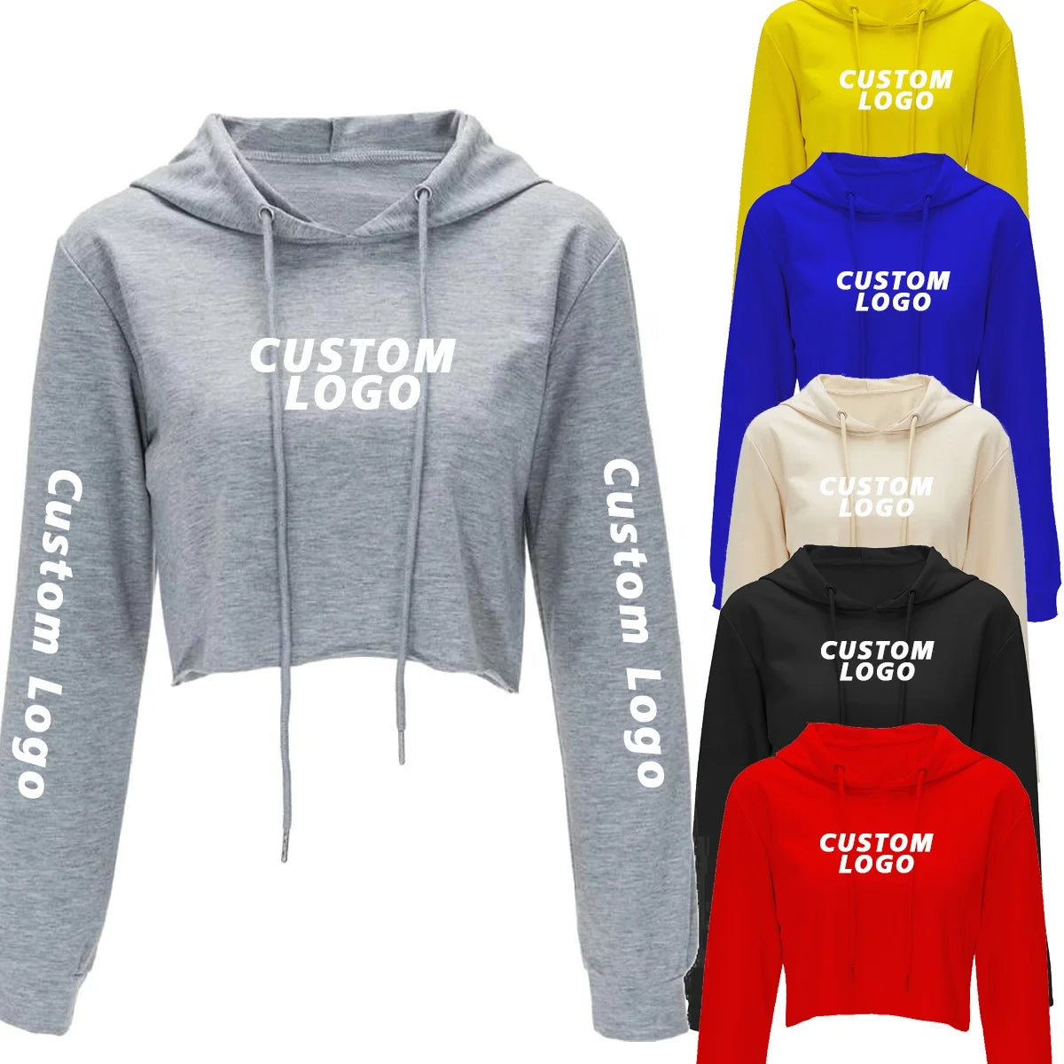 HG212 Wholesale Cotton Ladies Blank GYM Long Sleeve Tracksuit Crop Tops Croptop Sweatshirt Custom LOGO Cropped Hoodie for Women