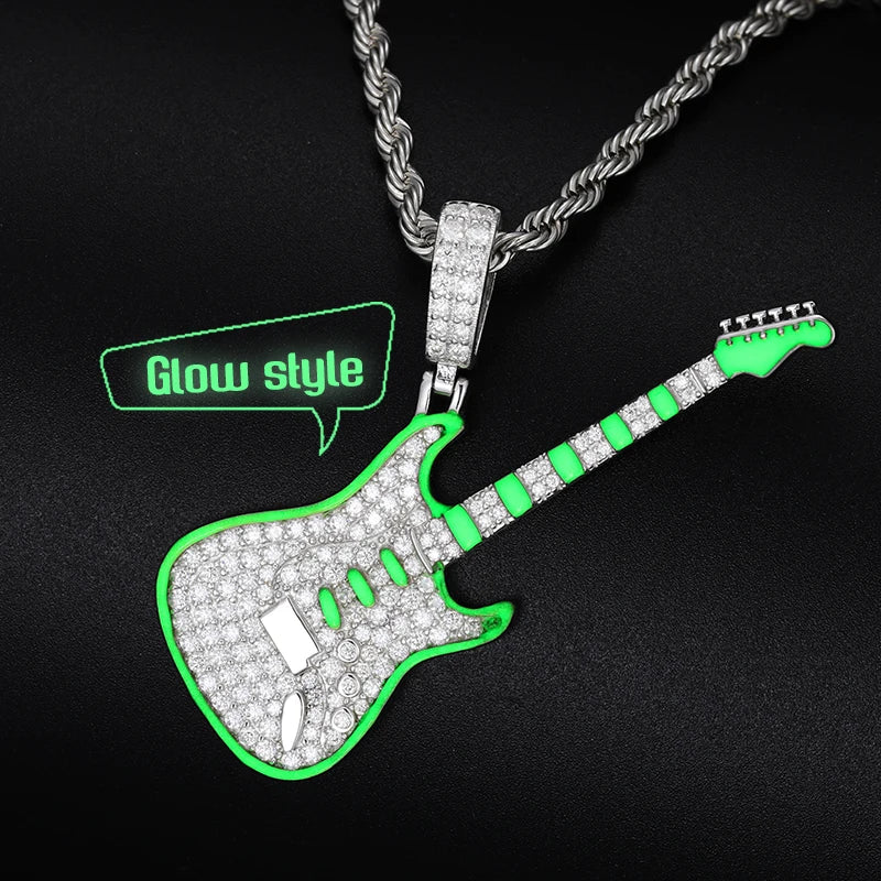 Glow in the Dark Series High Quality 925 Sterling Silver VVS Moissanite Diamond Iced Out Guitar Pendant Necklace