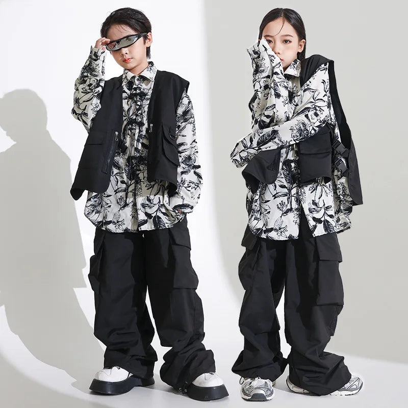 Girls Jazz Dance Dress Handsome Japanese Street Costume Set Children Hiphop Runway Stage Trend