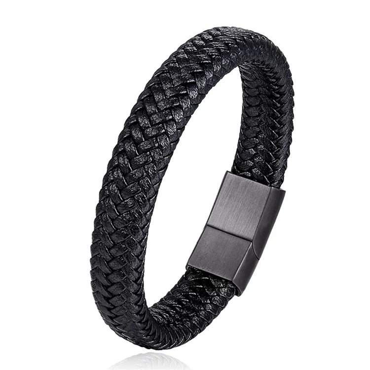 High-End Men's Wristband Leather Bracelet Gold Plated Custom Name Stainless Steel Buckle Closure Braided Leather Bracelet