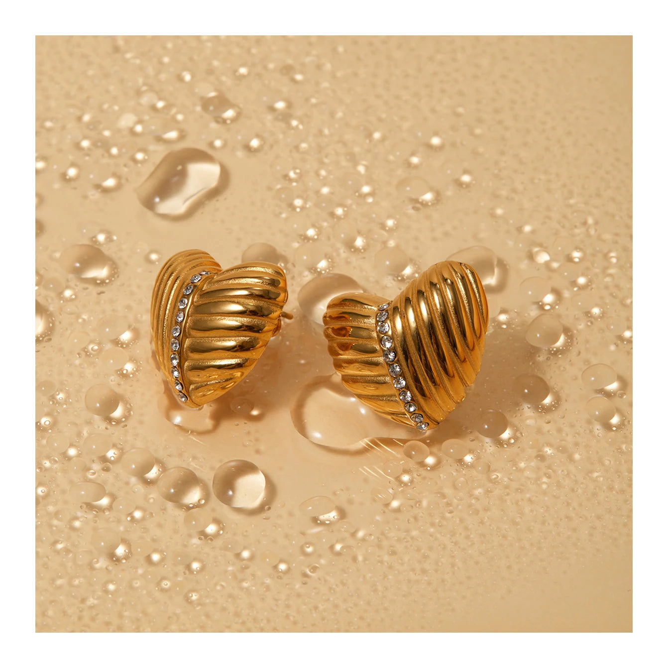 ERESI New Waterproof 18K Gold Stainless Steel Chunky Jewelry Big Line Texture Rhinestone Heart Earring Stud Women