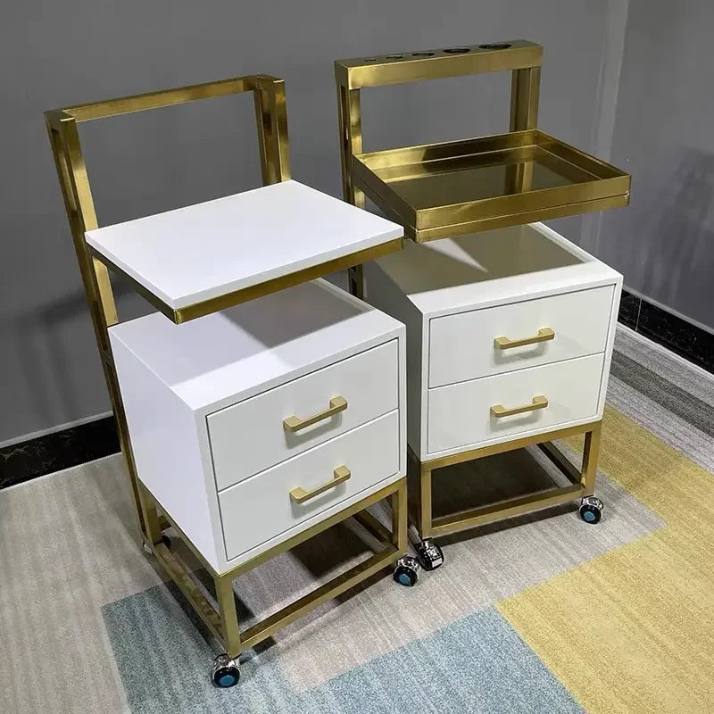 Hot Sale Cheaper  Stainless Steel Metal Gold Plated Salon Barber White  Trolley with Directional Wheels for Barber Shop