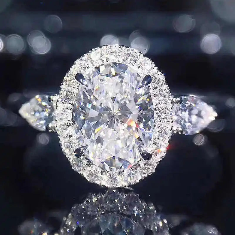 Huitan New Oval Gemstone Zircon Rings Girls Crystal Pure Diamond Lady Beautiful Wedding Rings Silver