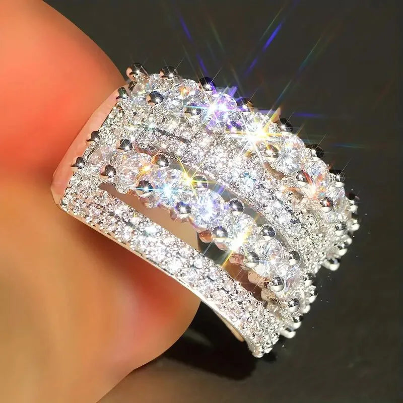 CAOSHI Factory High Quality Multi Layer Stacked Design Sparkling Cubic Zirconia Rings for Women Wedding Silver Plated CZ Rings