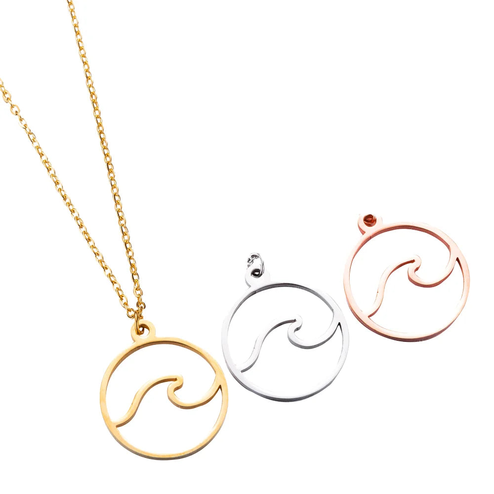 SSeesy Fashion Simple Summer Waterproof Wave Design Necklace Stainless Steel Pendant Hollow Round Wave Pendant Necklace