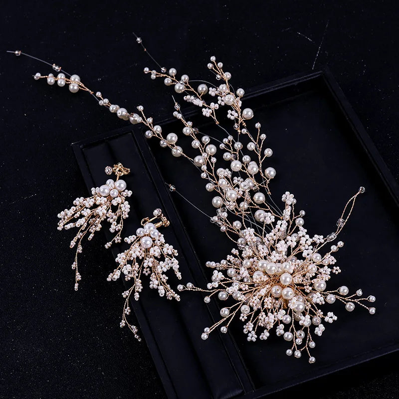 Korean Style Extended Pearl Headband Earrings Set Handmade Hairband Bridal Wedding Headwear Hair Accessories