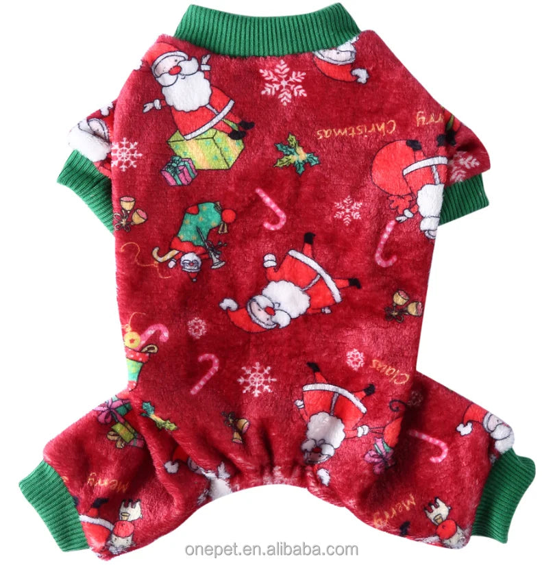 Christmas Four-Legged Fleece Dog Clothes XS Size Snowflake Cake Elk Pet Sweater Solid Pattern Coat for Autumn Season