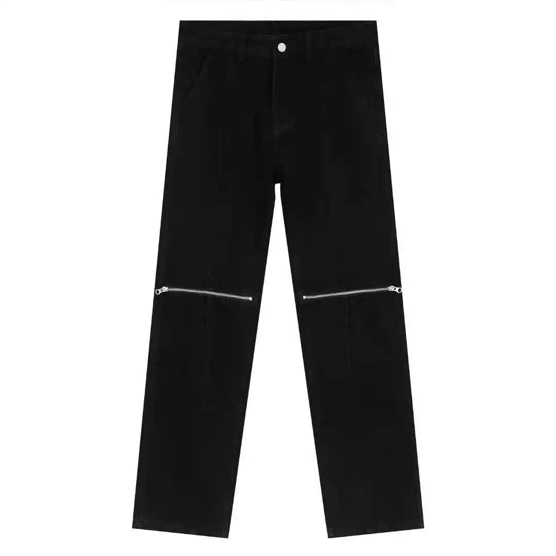 Quality Jean Hombre 2023 Men's Trousers Zip Knee Hole Design Mens Jeans With Zippers Streetstyle Black Jean Boyfriend