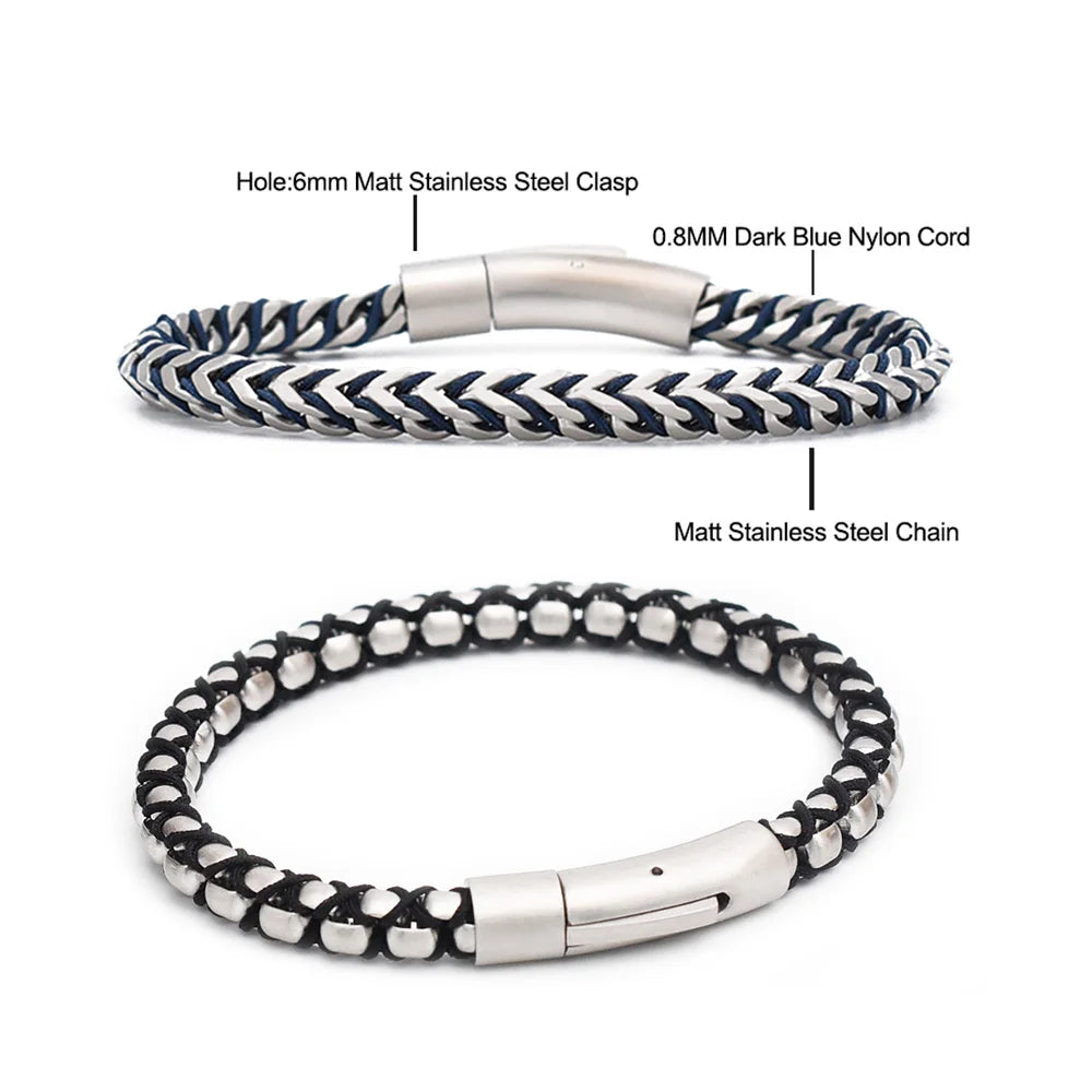 Fashion Men's Stainless Steel Foxtail Link Bracelet Nylon Cord Hip Hop Daily Wear Jewelry Stainless Steel Clasp for Male