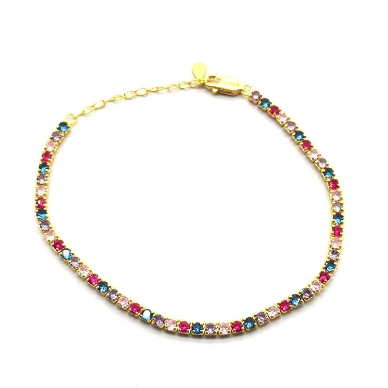 Daidan Tennis Bracelet 925 Silver 3mm Tennis Micro Pave Colorful Zircon Gold Plated Rainbow Tennis Bracelet
