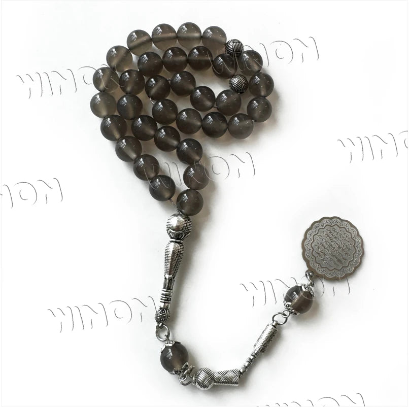 High Grade Stainless Steel & Natural Green Ghost Crystal Islamic Rosary Prayer Beads 10mm 33Pcs Unisex Winnon