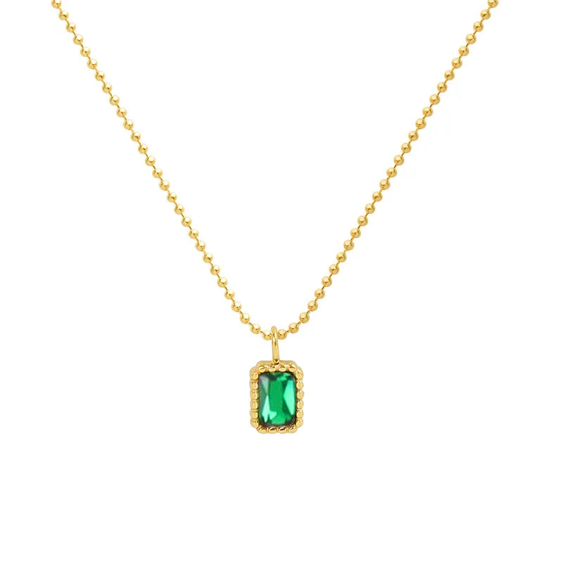 Classic Geometric Cubic Zirconia 18K Gold Plated Beaded Chain Necklace with Emerald CZ Pendant Stainless Steel Jewelry
