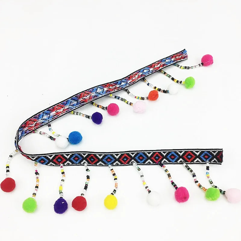 New Design 4.5cm Beaded Tassels Multi-Color Luxury Eco-Friendly Ethnic Jacquard Pompon Ribbon Lace for Clothing Underwear