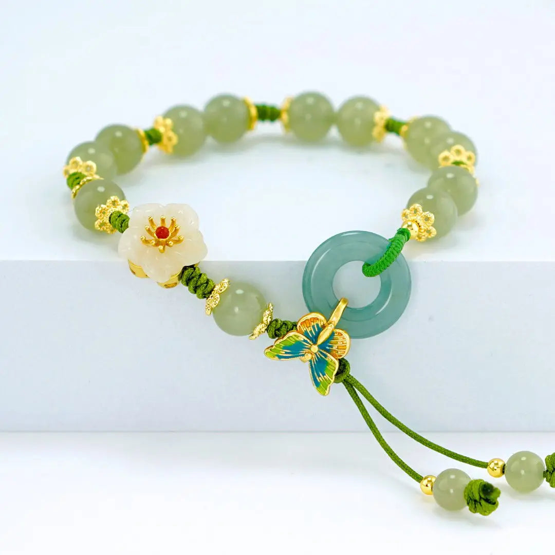 Chinese Style Imitation Jade Safety Buckle Bracelet for Women Peach Flower Charm Beaded Bracelet Green Luxury Beads Bracelet