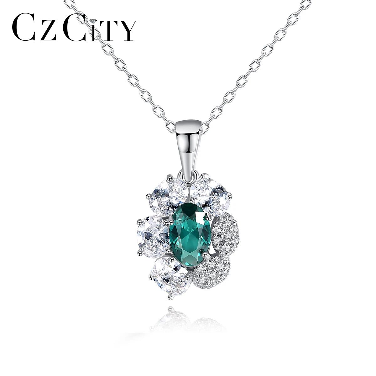 CZCITY Green Stone Pendant Crystal Necklaces 925 Sterling Silver Synthetic Gemstone Raw Crystal Pendant Necklace