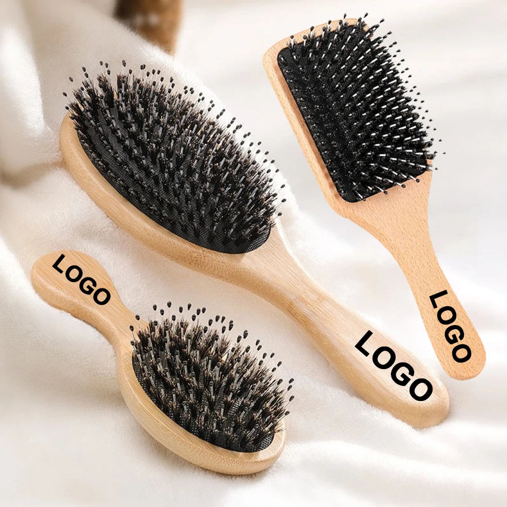 Custom Logo Bamboo Boar Bristle Hair Brush for Fine Bristle for Thick Hair Hair Paddle Brush for Thin Hair for Women HairBrush