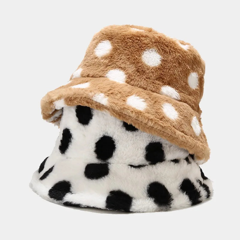 New Fashion White Dot Pattern Bucket Hats for Women Outdoor Faux Fur Winter Gorros Casual Cycling Argyle Style Fishing Caps MegaBDM