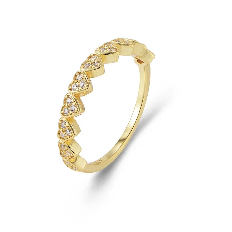 Dainty 925 Sterling Silver 14K Gold Plated CZ Wedding Bands Love Heart Stackable Half Eternity Rings for Women