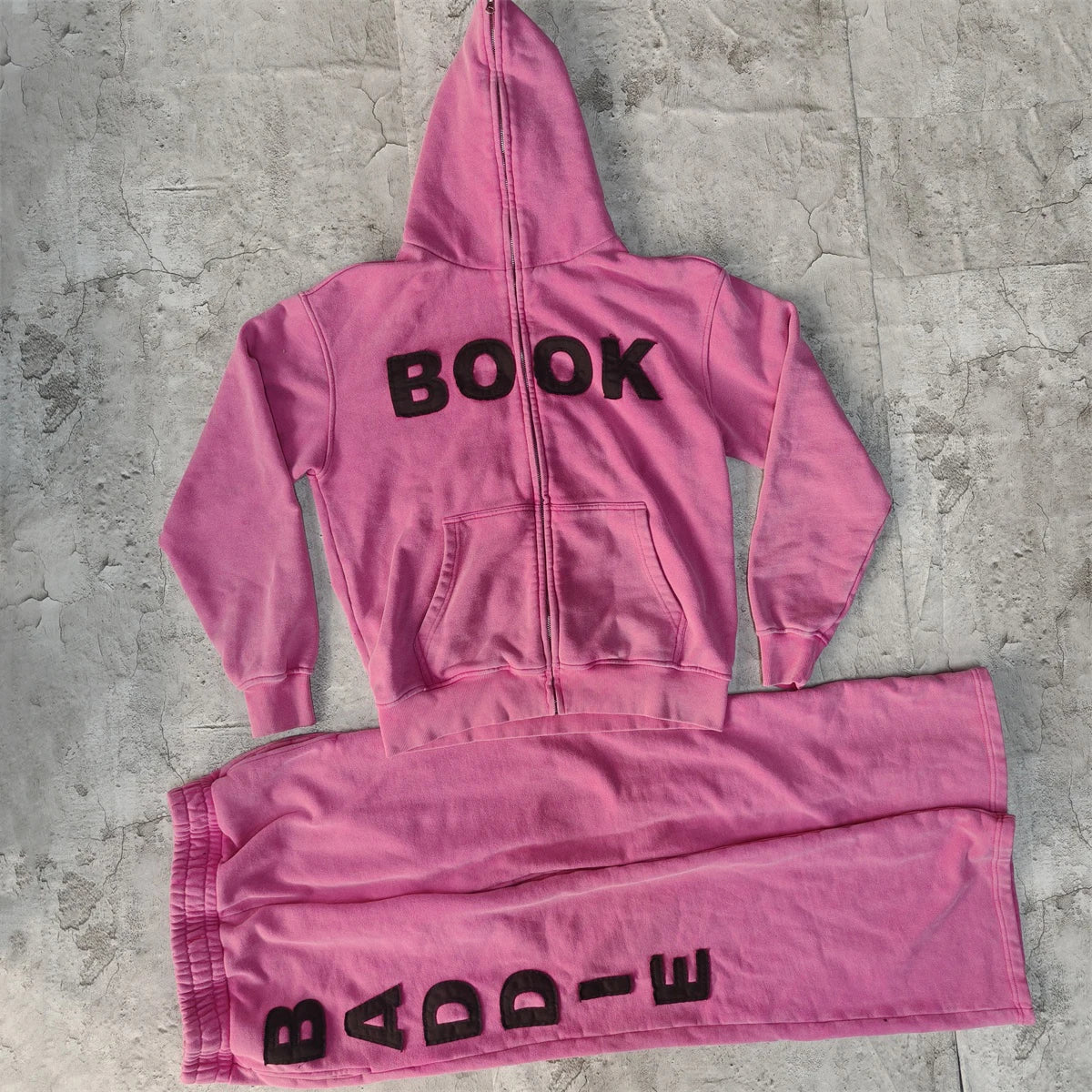 Custom Acid Washed Vintage Applique Letter Tracksuit Men Streetwear Distressed Patchwork Hoodie and Sweatpants Set Sweatsuit