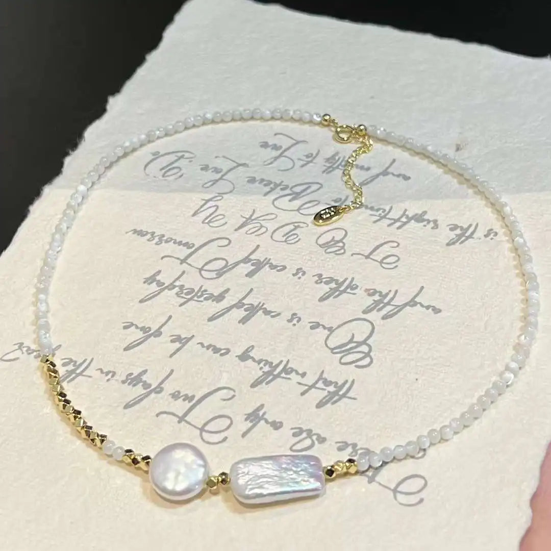 Baroque Freshwater Pearl Necklace Asymmetric Design Natural Square Shell Personalized Baroque Freshwater Pearl Shell Necklace