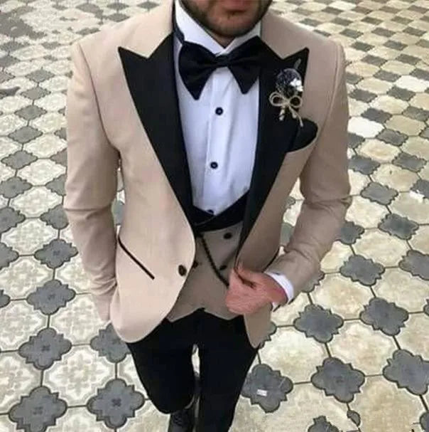 (Jacket+Pant+Vest) Pink With Black Lapel Suits for Men Custom Made Terno Slim Groom Custom 3 Piece Wedding Mens Suit Masculino