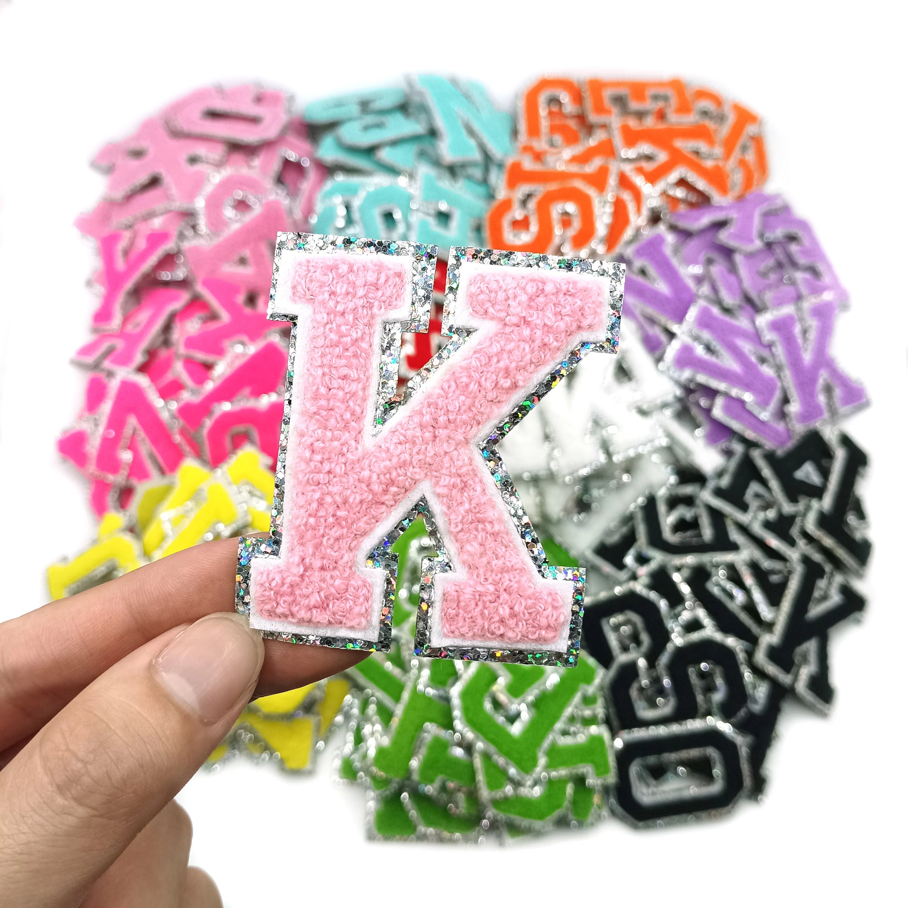 New Silver Edge Embroidered Pink Glitter Bling Chenille 6.5cmIron-On Pink Letter Patches
