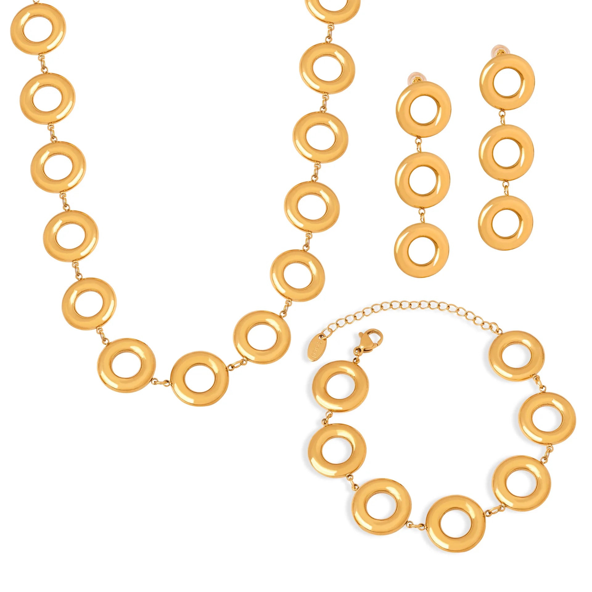 Trendy 3 Pcs/Set Stainless Steel Round Dangle Earrings Bracelet Long 18k Gold Plated Geometric Choker Necklace Jewelry Set