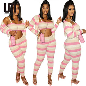 Liu Ming Fall New Fashion 2024 Casual Women Clothes Knitted Colorful 3 Pieces Cardigan Jacket Vest High Waist Pencil Pants Suit