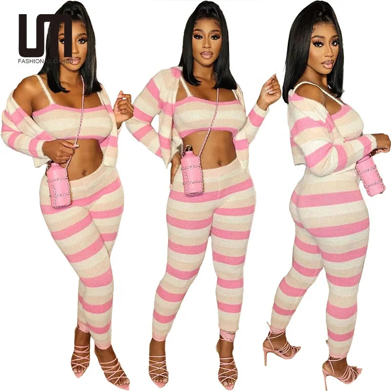 Liu Ming Fall New Fashion 2024 Casual Women Clothes Knitted Colorful 3 Pieces Cardigan Jacket Vest High Waist Pencil Pants Suit