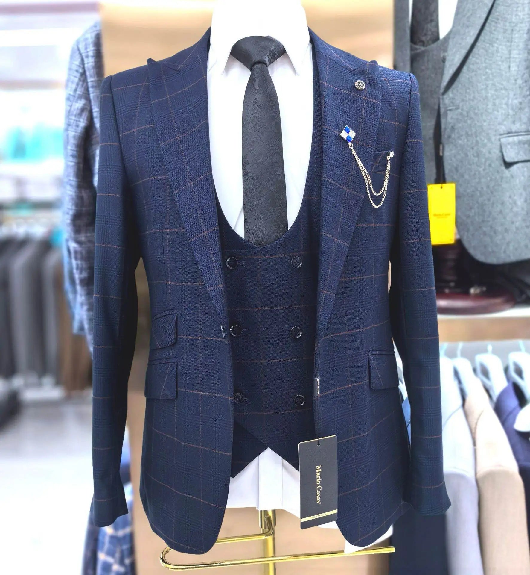 Dark Blue Plaid Full Men's Suits Luxury Wedding Dresses 3 Piece Set for Men Slim Jacket Dress Blazers Coat Trousers Formal