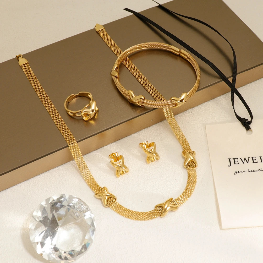 Women's Classic African Style 18K Gold Plated Stainless Steel Jewelry Set Includes Heart Motif Ring Bracelet Necklace
