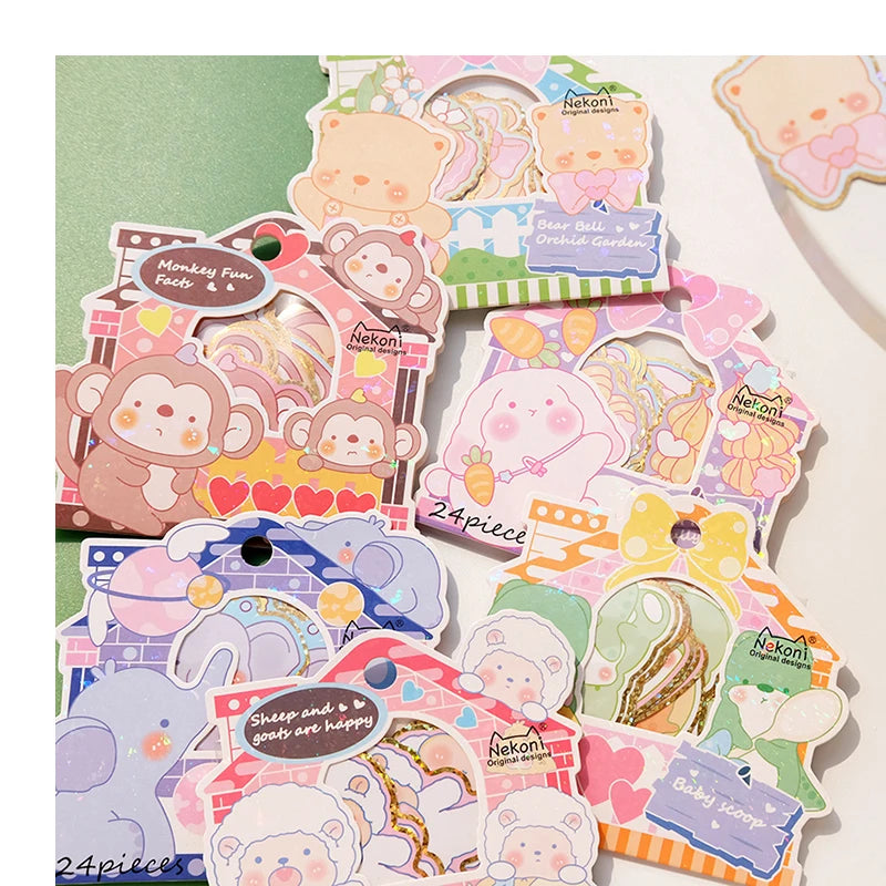 Nekoni Animal Flake Stickers Pack Sheep Bunny Monkey Bear Elephant Dinosaur Aesthetic Original Design Paper Die Cut Stickers