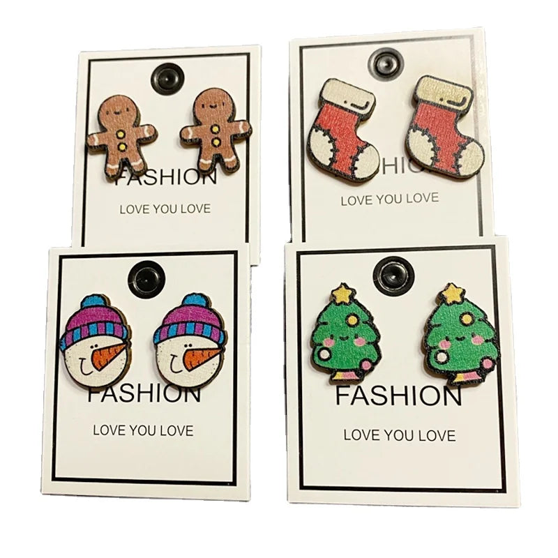 Stud Earrings Snowman Santa Elk Wooden Women's Wood FS Hot Selling Cute Trendy Cartoon Characters Christmas Tree Gingerbread Man