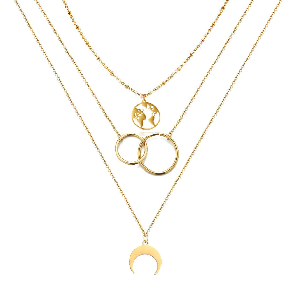 Retro Moon World Map Circle Pendant Multilayer Stainless Steel Fashion Choker Necklace Party Charm Accessory Women's Gift