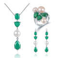 C8319 Abiding Fine Jewelry Green Agate Pearl Gemstone 3 Pieces Set Women Wedding Bridal Jewelry Sets