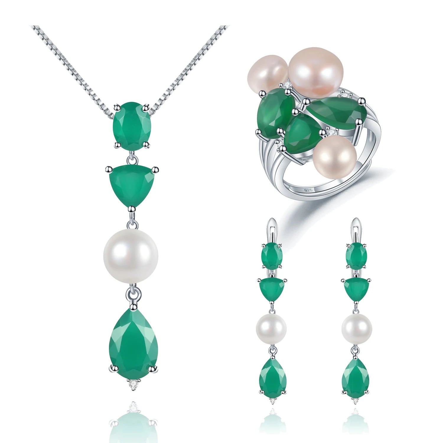 C8319 Abiding Fine Jewelry Green Agate Pearl Gemstone 3 Pieces Set Women Wedding Bridal Jewelry Sets
