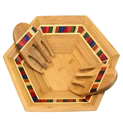 Wooden Salad Bowl Large Serving Bowl Set with Jute Placemats and Serving Utensils with Salad Hands Bamboo and Colored Birch Wood