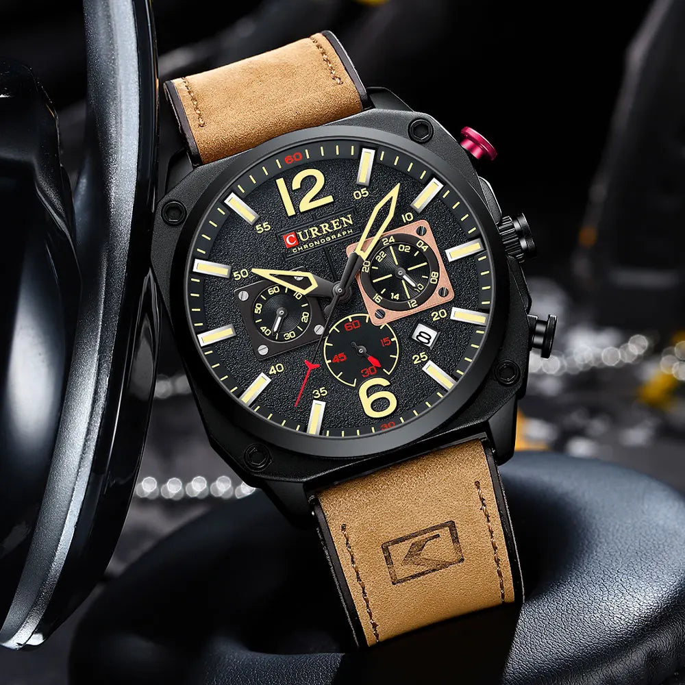 2025 CURREN Watch 8398 Luxury Men Square Brown Quartz Wristwatches Male Luminous Chronograph Dial Leather Clock Sports Watch