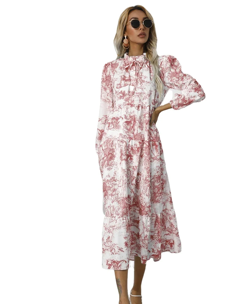 2023 Popular Autumn Retro European and American Women's Printed Loose Sleeve Dress