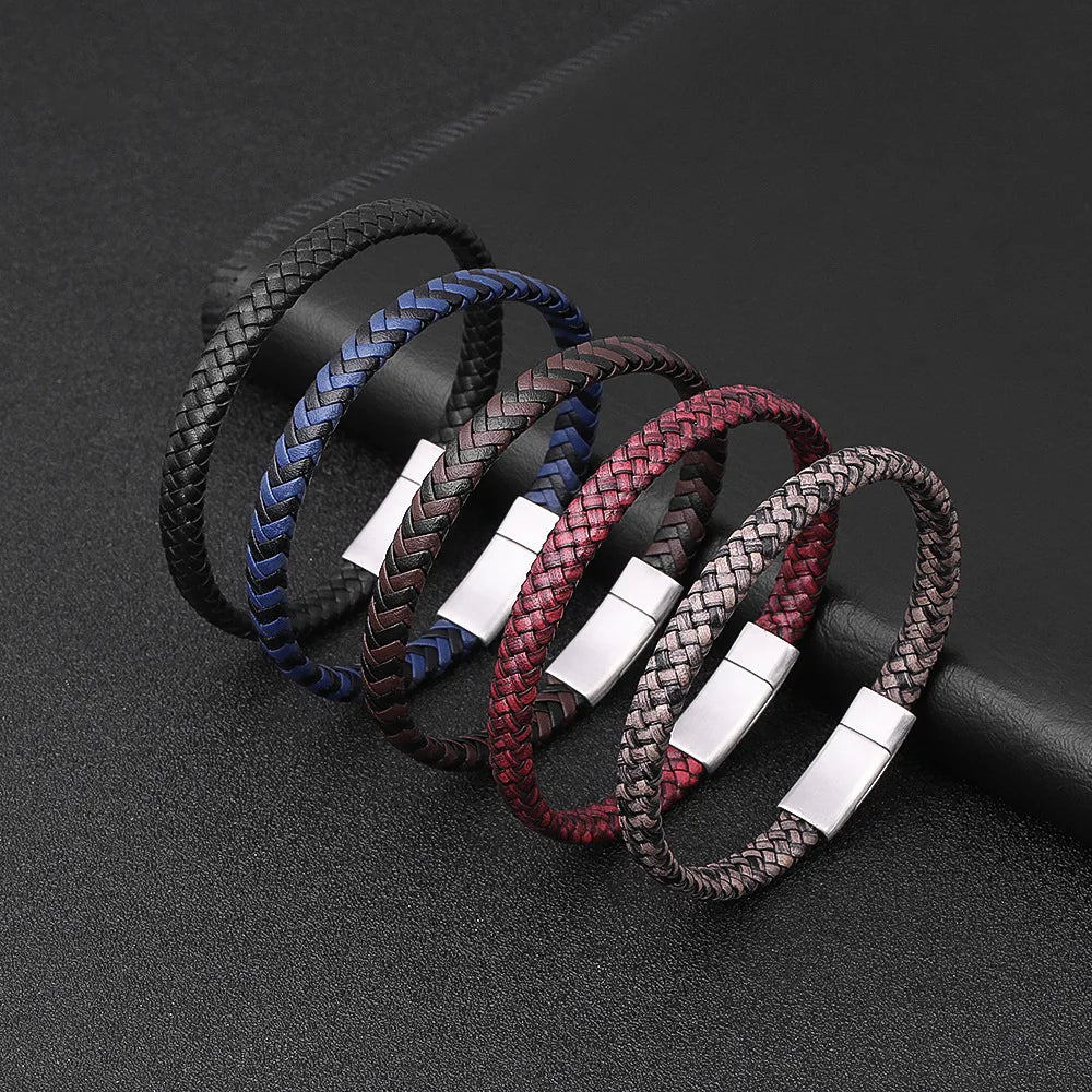 Handmade Pulsera Stainless Steel Suction Buckle Bracelet Colored Leather Bracelet for Men Jewelry