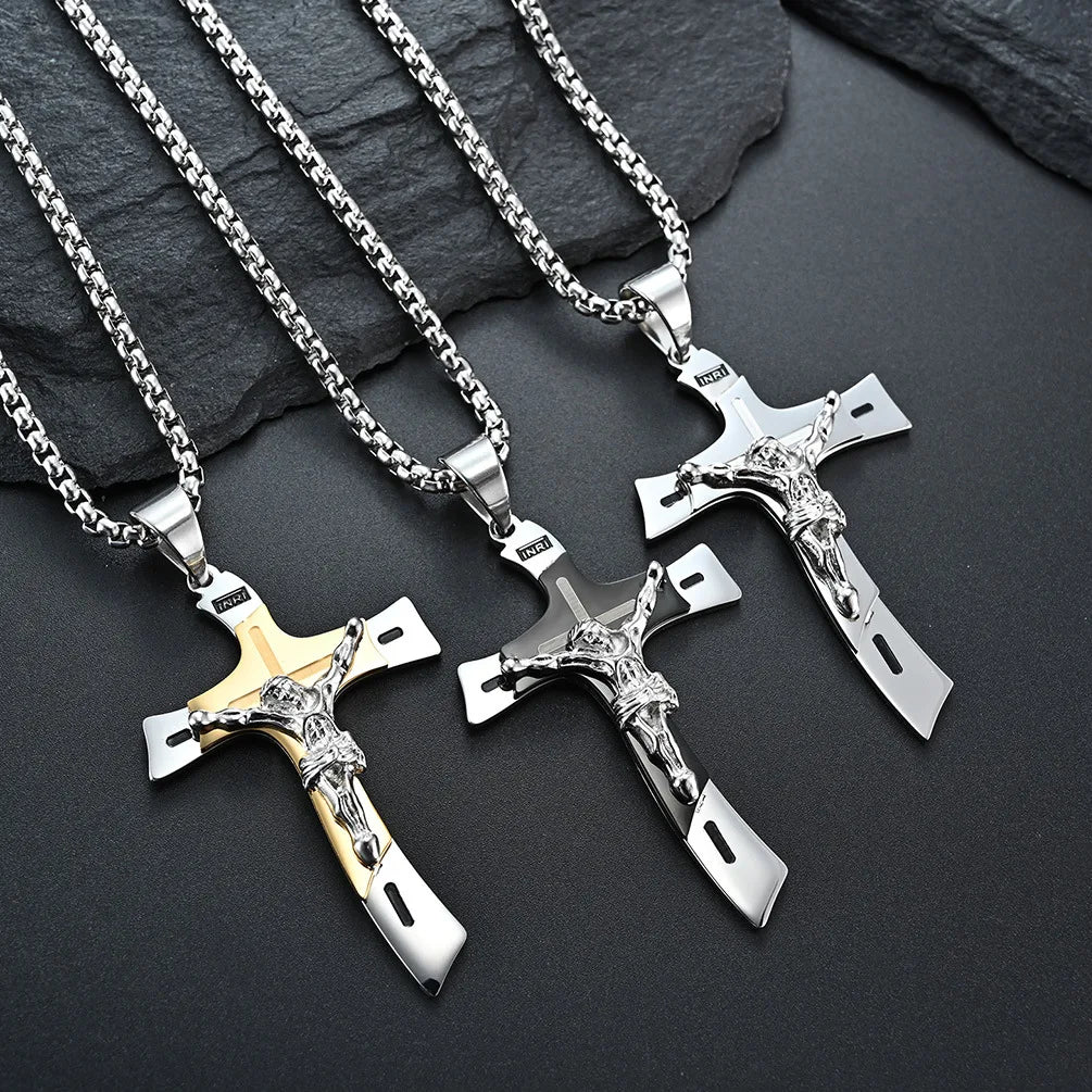Fine Jewelry for Women & Men 316L Stainless Steel Jesus Cross Pendant Necklace 18K Gold for Weddings & Christian Celebrations