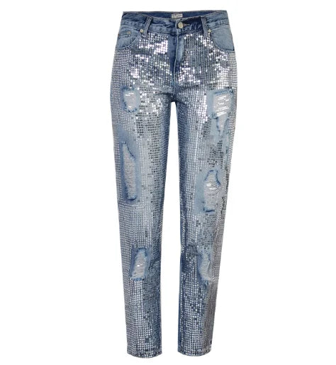 Women's Plus Size Straight Leg Cropped Jeans Shiny Glossy Sequin Pants Metal Embroidered Beaded Denim Streetwear Style Trousers