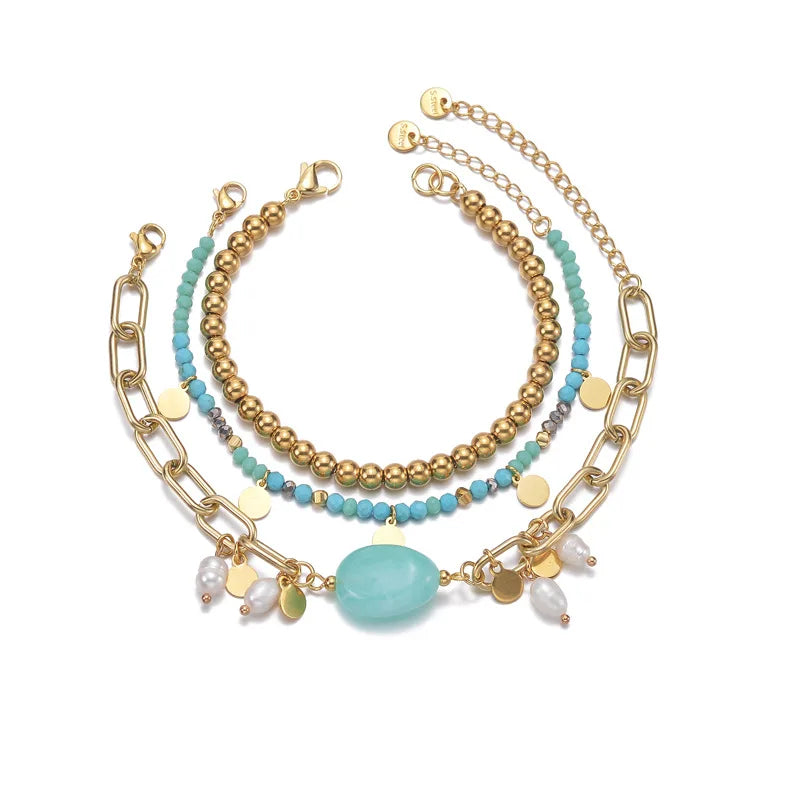 Luxury Women Jewelry Gold Plated Stainless Steel Link Chain Natural Gemstone Adjustable Bracelet for Women Girl