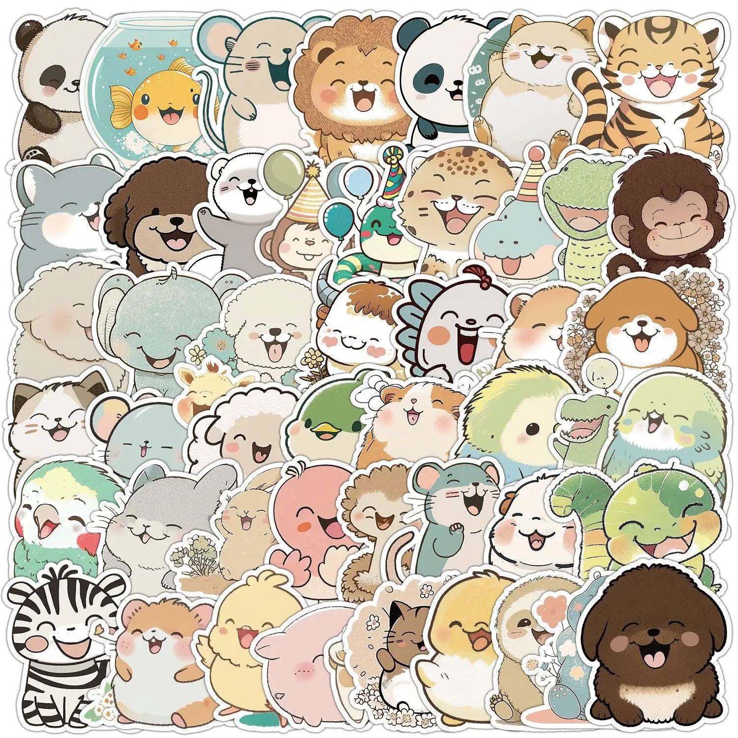 50Pcs Happy Little Animals Cute Graffiti Stickers for Kid Bottle Wall Refrigerator Decor Waterproof Smile Animal Sticker