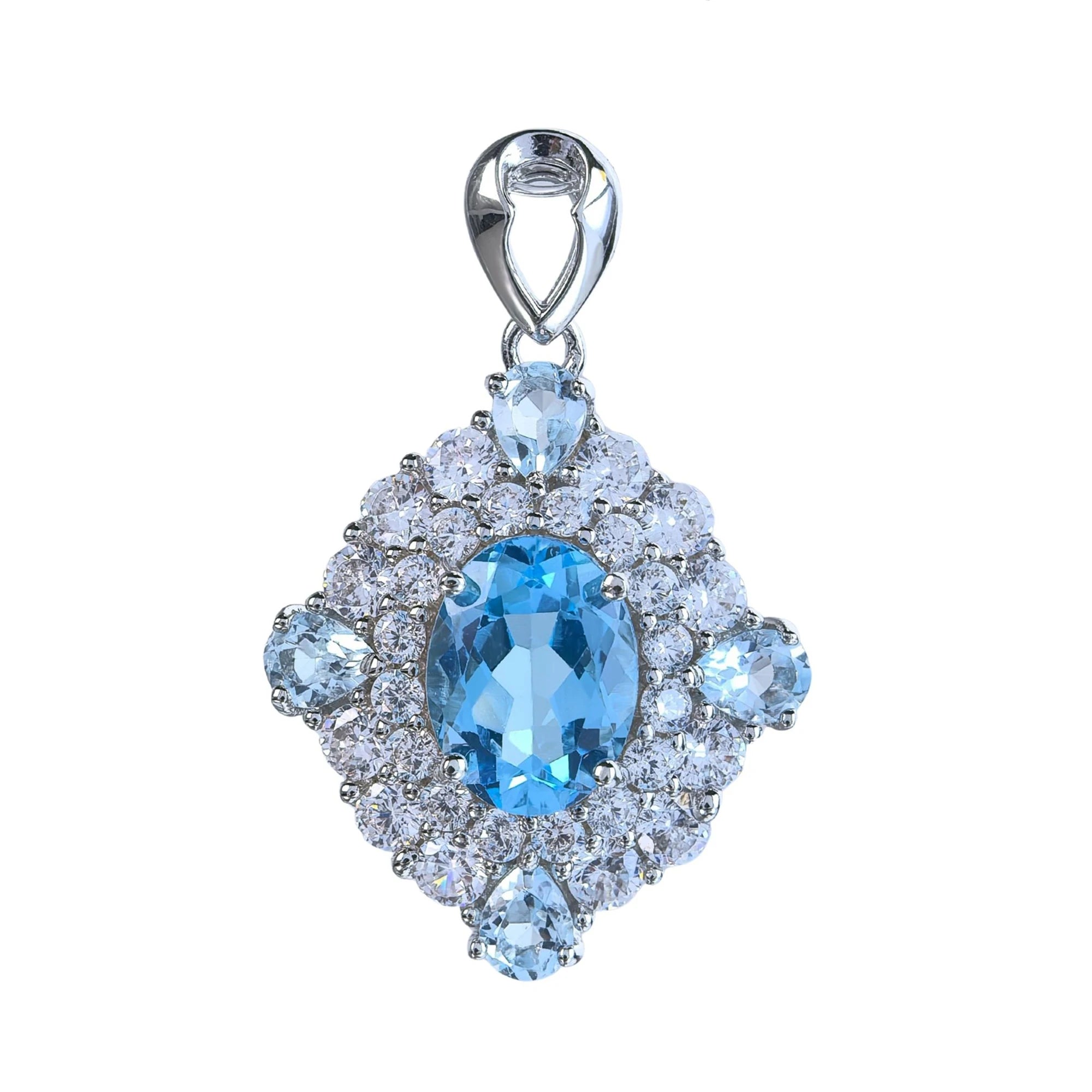 Dazzling Rhodium Plated 925 Sterling Silver Oval Cut Natural Swiss Blue Topaz Pendant Fine Pendants Charms for Women Gift