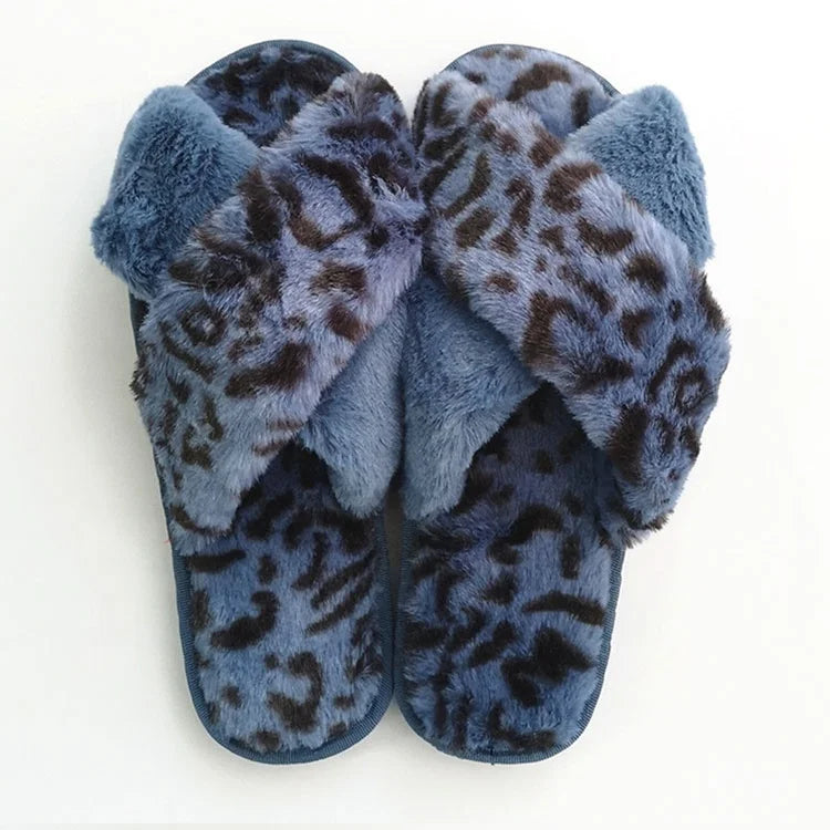 Wholesale Fashion Cross Band Leopard Print Fuzzy Slippers Comfortable Indoor Winter Warm House Fuzzy slippers for Ladies MegaBDM