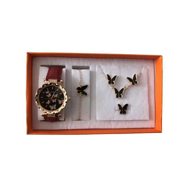 5pcs Set Women Watch Womens Butterfly Watches Luxury Ladies Quartz Wristwatches Bracelet Set
