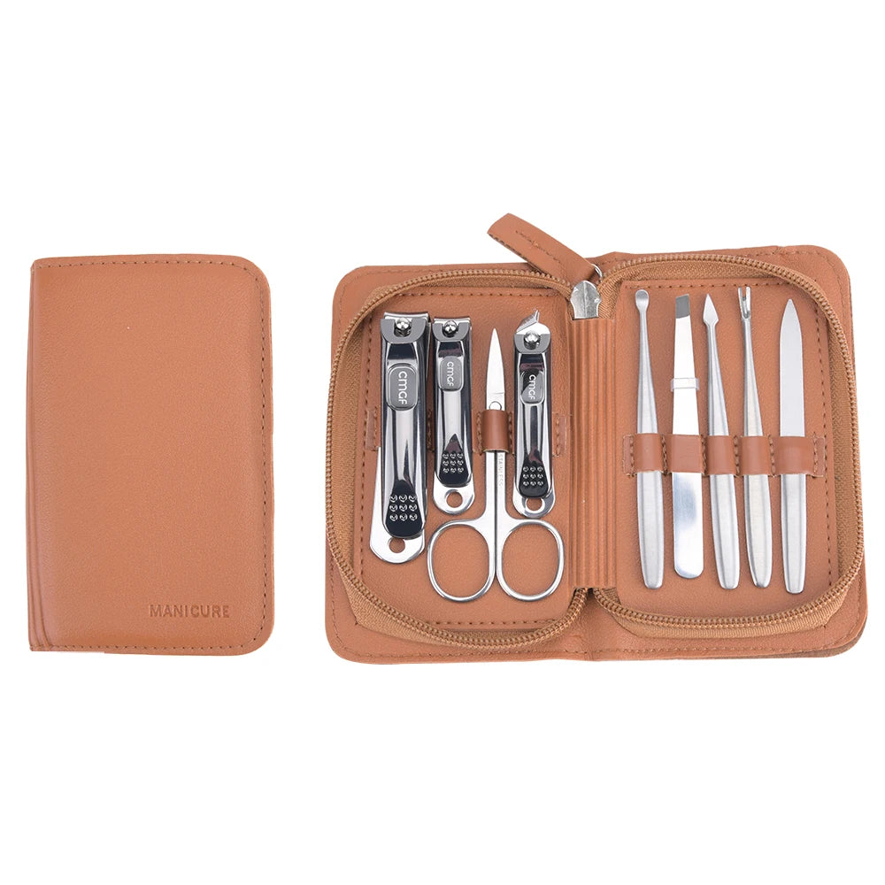 Professional 9PCS Stainless Steel Nail Clipper Travel Grooming Kit Classic Brown Manicure & Pedicure Set