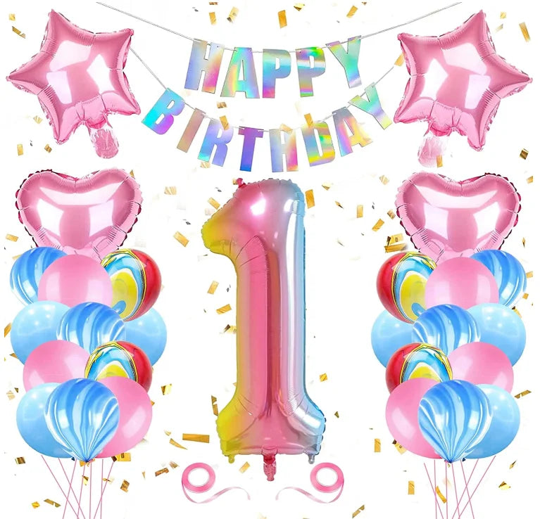 Boy Girl 1st-9th Birthday Party Gradient Metallic Happy Birthday Flags and 0-9 Foil Balloon Helium Marble Balloons Toy Decor Set